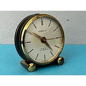 Small Vintage Swiss Alarm Clock 15 Jewels Gübelin Art Deco Black Case runs